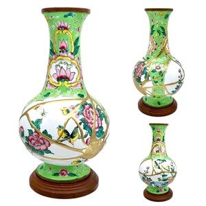 Kintsugi Repaired Vase 9” Chinese Enameled Copper Vase Gold Crack Growth Gift